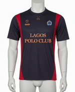 Navy and red polo shirt with 'Lagos Polo Club' text on a mannequin against a white background