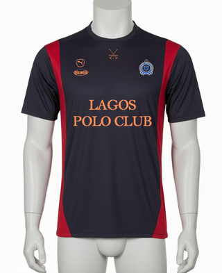 Navy and red polo shirt with 'Lagos Polo Club' text on a mannequin against a white background